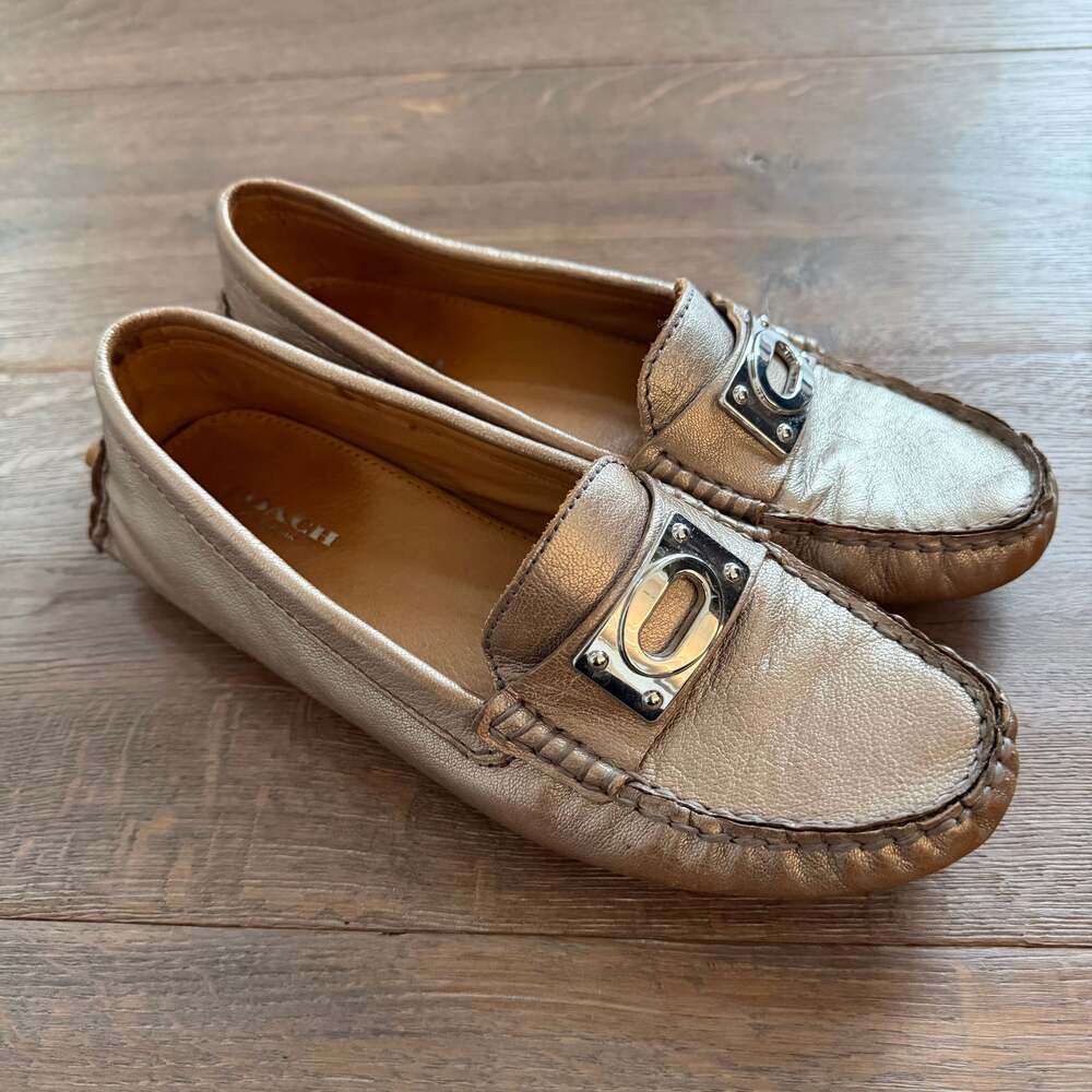 Coach Napoleon Driving Loafers Size 6.5 🤍 Leather Metallic Champagne Color